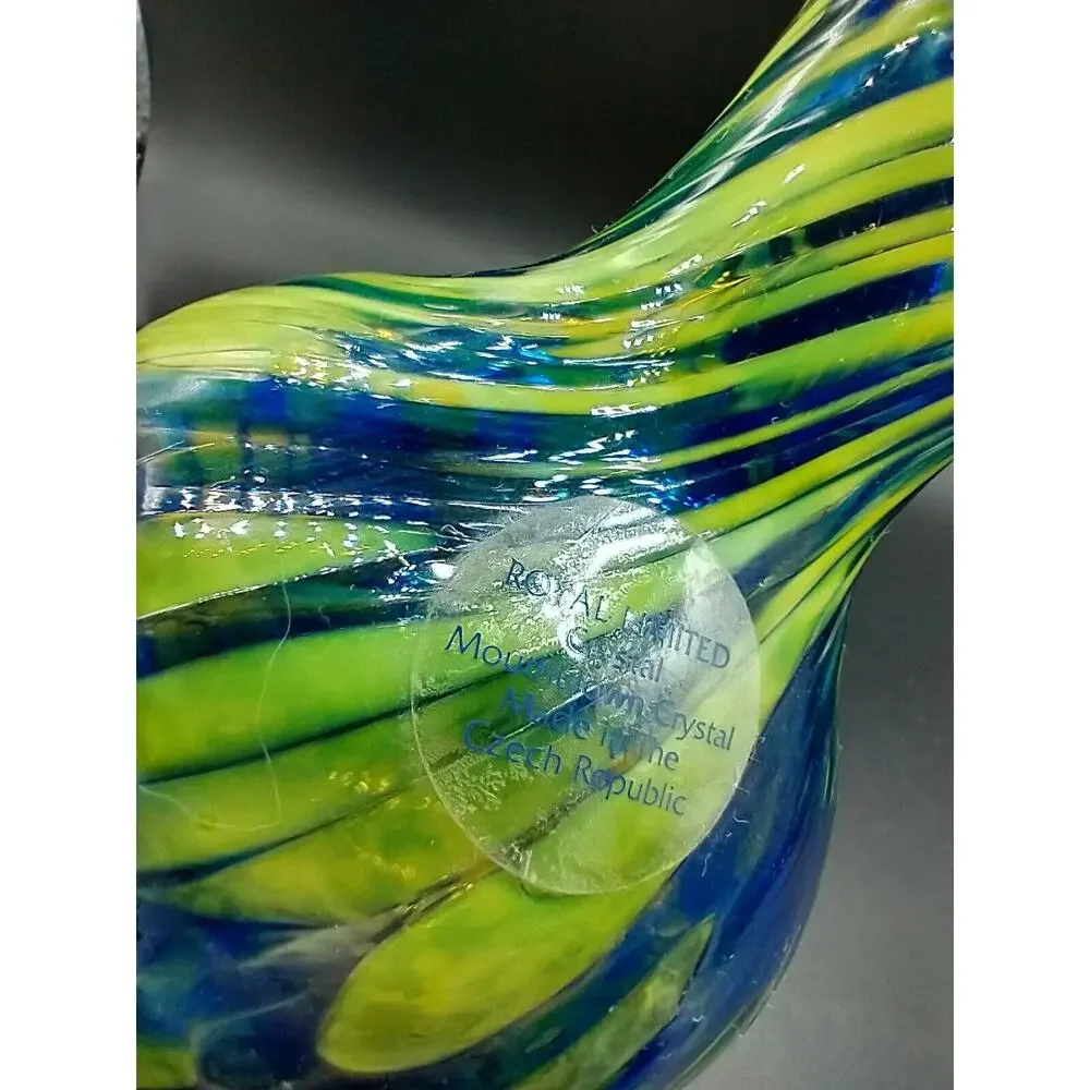 Czech Crystal Vase 5” Royal Limited Mouth Blown Confetti Swirl Blue Yellow